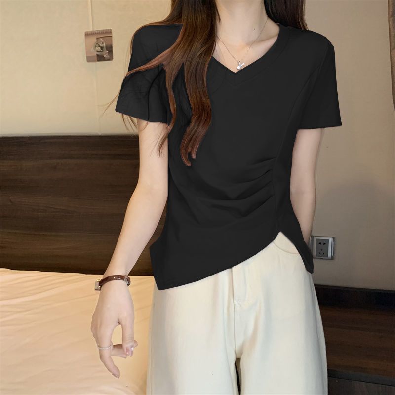 Sentido del diseño de la camiseta de manga corta de nicho para mujer verano nuevo estilo suelto y delgado de gran tamaño puro estilo abierto camisa de fondo