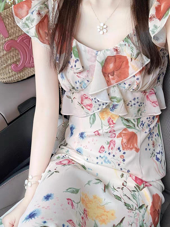 Đầm maxi nữ dây đeo họa tiết hoa cổ điển Pháp, eo thon dáng dài — màu
