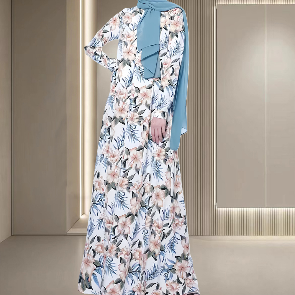 Tropical Floral Maxi Dress – Modest Long Sleeve Scarf Wrap Dress For Middle Eastern Fashion Breathable Shield_ecoleips.com