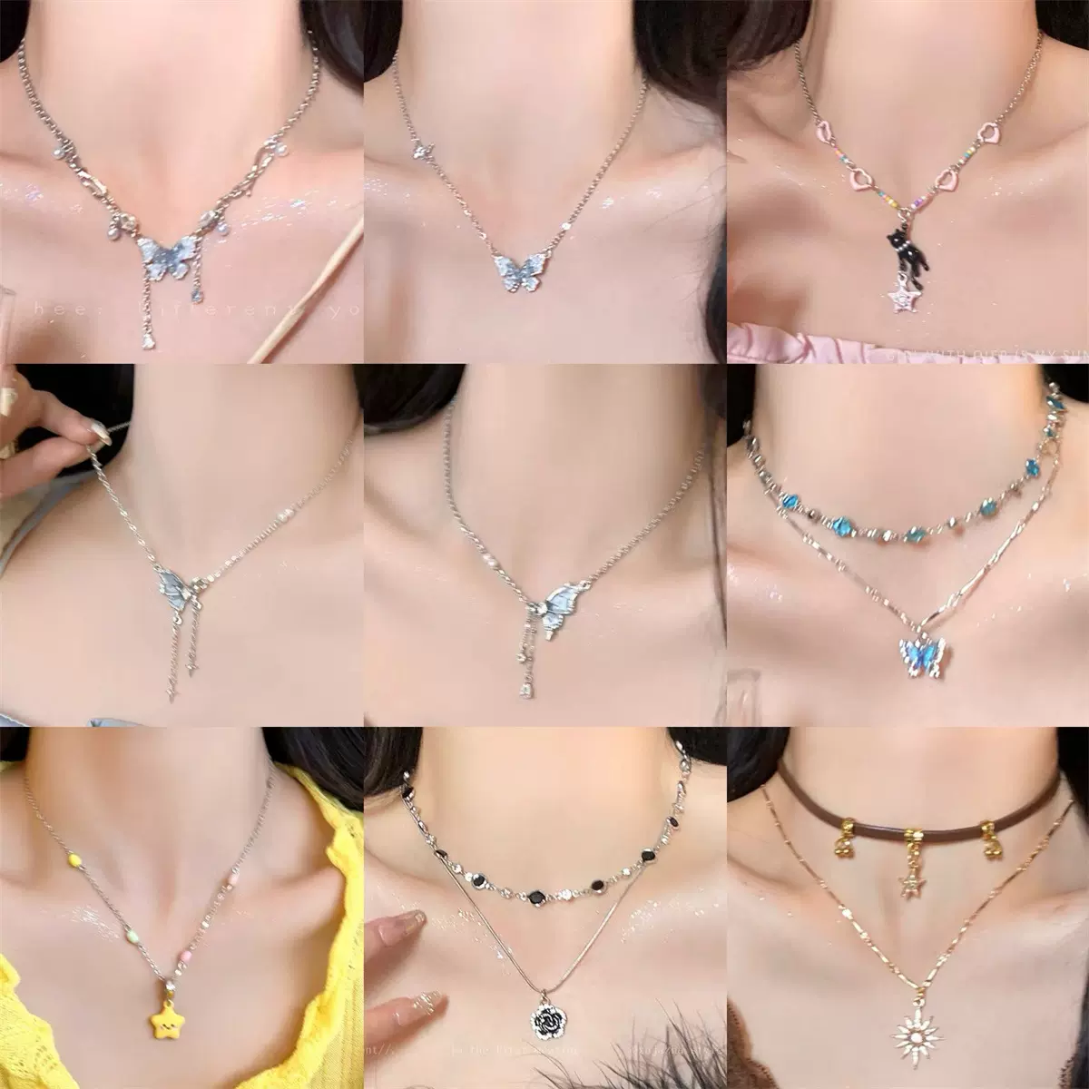 厂家直销~冰晶渐变珍珠蝴蝶流苏项链女高级感锁骨链甜酷辣妹颈链