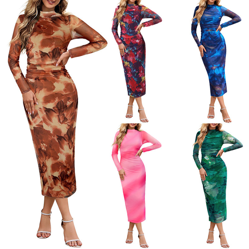 Spring and Autumn European and American Amazon Cross-Border Women's Clothing New Fashion Tie-Dyed Long-Sleeved Slim Hot Girl Double-Layer Dress Long Skirt for Women