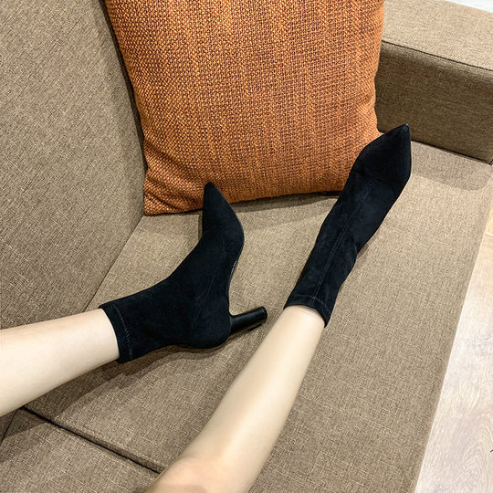 2023 Summer Short Boots Women's Online Popular Thin Boots Pointed Thick Heel Super High Heel Sexy Suede Stretch Boots Women's Boots
