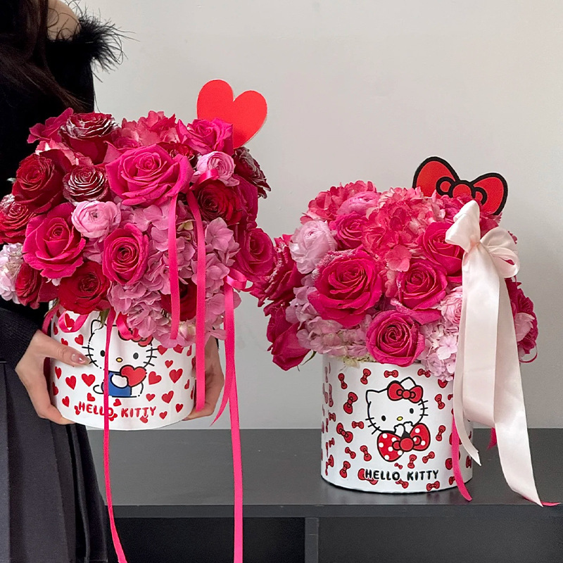 Ramo de flores para el Día del Niño, cesta de abrazos con lazo, caja de arreglo floral con gatito, ramo de cumpleaños para novia o mejor amiga. image 1