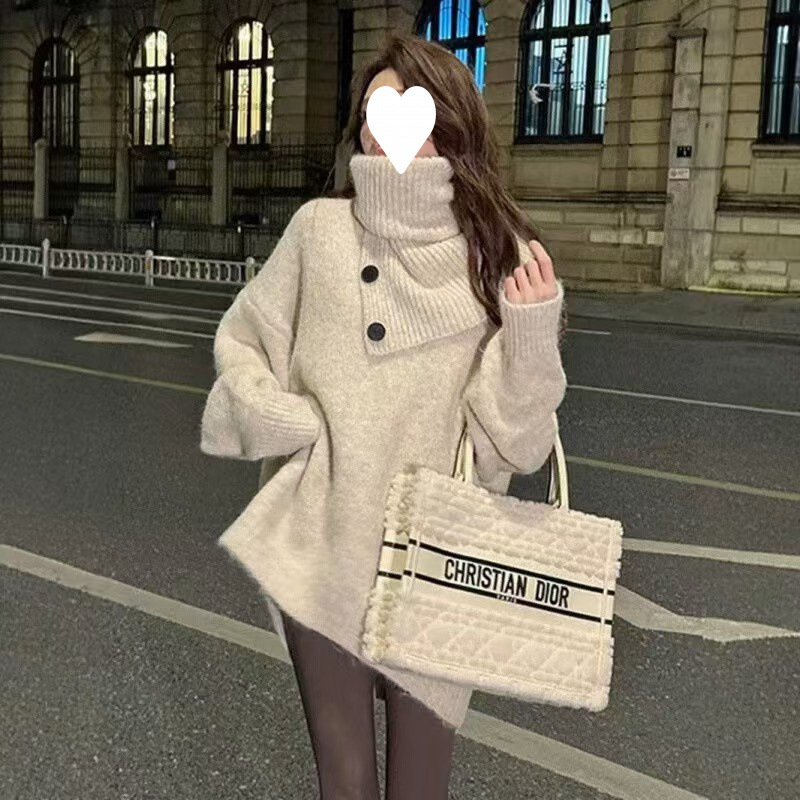 Coreana única sensación de alto nivel perezoso viento de cuello alto suéter grueso mujer diseño suelto bufandas de cabeza de dos piezas
