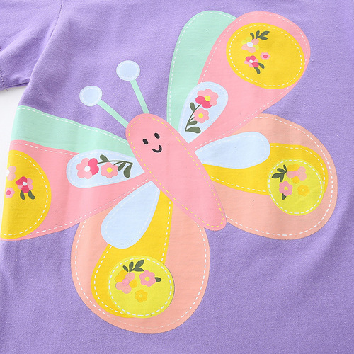 24 Summer Girls' T-shirt, European and American Style, Children's Butterfly-Print Sweatshirt, Knitted Cotton Crew Neck Pullover Top for Kids