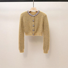 SP家秋季新款小香风圆领镶钻长袖短款开衫毛茸茸显瘦针织衫上衣女