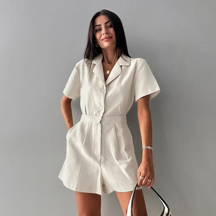 European and American Cross-Border Khaki Linen Waist Wide-Leg Jumpsuit for Women Commuting Professional Short-Sleeved Jumpsuit Autum Women's Clothing