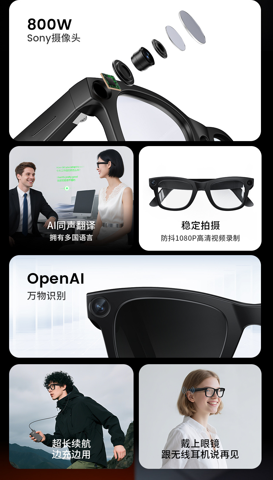 Electrochromic Ai Smart Glasses for Shooting and Recording Video, Bluetooth Translation, 1080P Hd 800W Camera