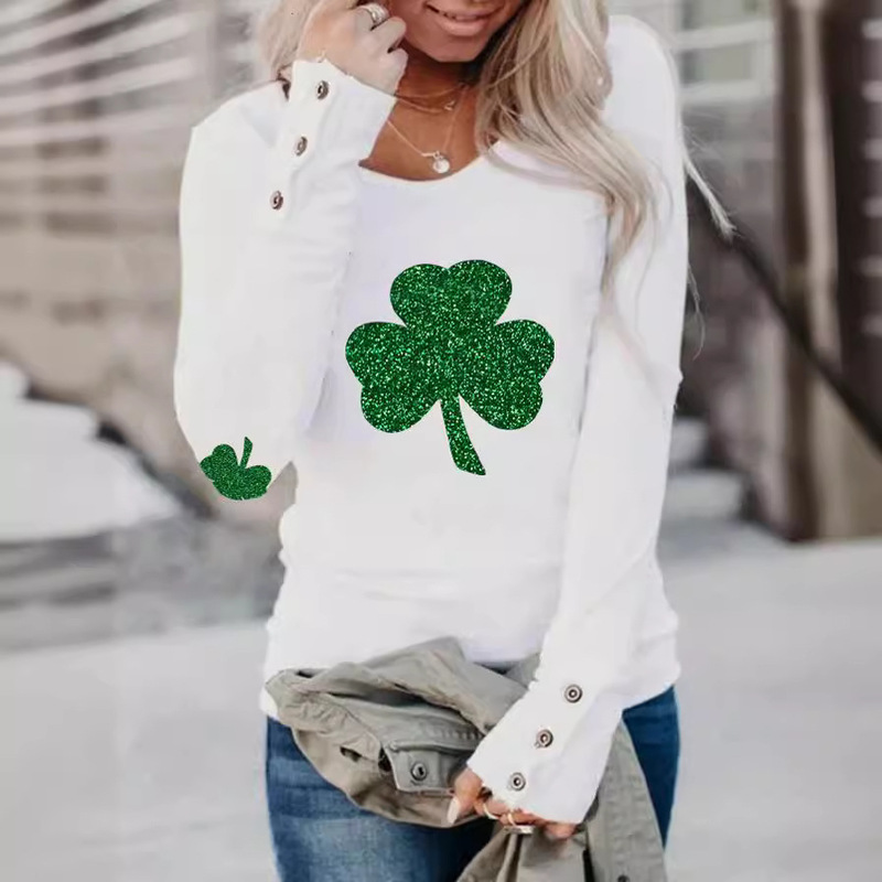 2022 New Clover printed round neck long sleeve T-shirt
