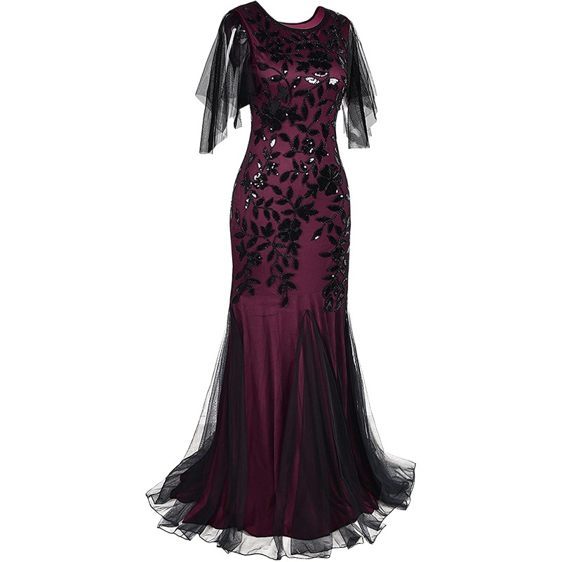 Vestido largo retro de los años 20 para mujer, estilo Gatsby, para fiesta de graduación, banquete, vestido de noche de manga corta, estilo europeo y americano GA166