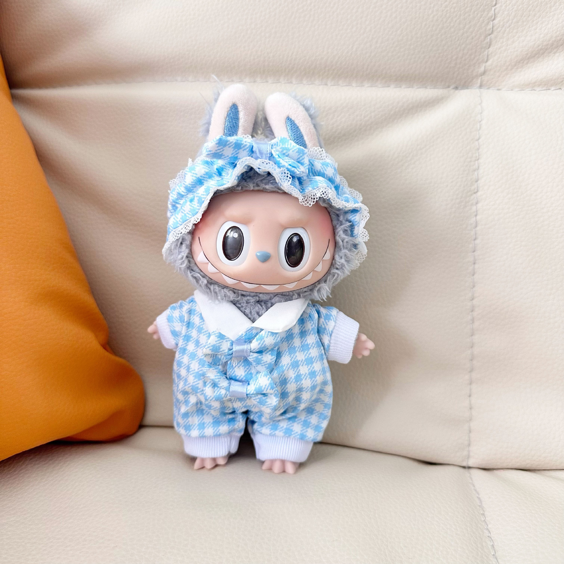 블루 체크 옷깃 잠옷 세트