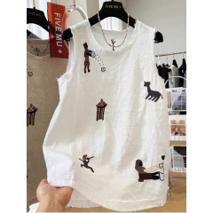 ハイエンドの無地のコットンとリネンのヘビーエンゲージメント刺繍の美しいノースリーブトップスと女性用の夏用ミドル丈のアウターベスト