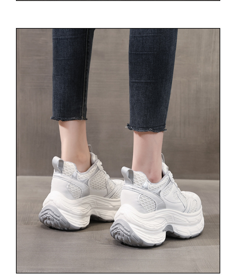 Giày sneaker nữ chunky đế dày lưới thoáng khí, đế bánh xốp mềm, tăng chiều cao nhẹ — Màu xám trắng chi tiết 13