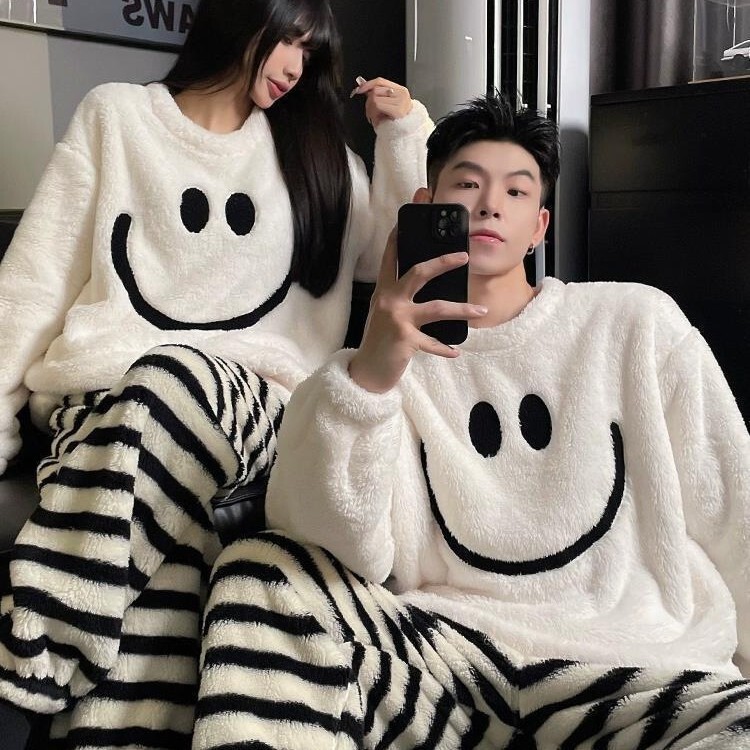 Autumn and winter coral fleece couple's pajamas, home wear for women, fleece-lined and thickened, long-sleeved and long-pants thermal set