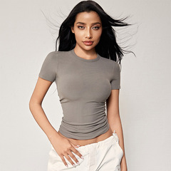 Kardashian ribbed women's sports short-sleeve T-shirt, elastic and breathable fitness clothing, Tencel cool-feeling yoga wear