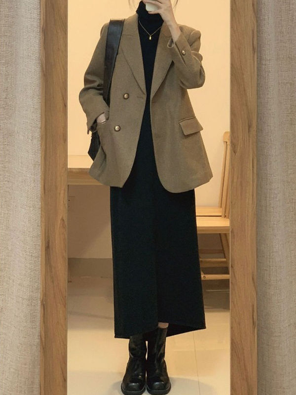 盐系轻熟两件套装高级感毛呢西装外套赫本风针织连衣裙女秋装新款|undefined