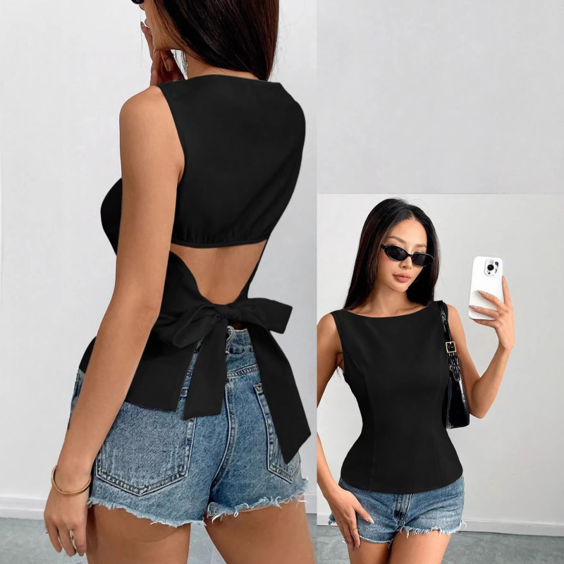 Solid Color Slim-Fit Sleeveless Backless Tie Bow Elegant Casual Sexy Women's Short Shirt Top, Cross-Border
