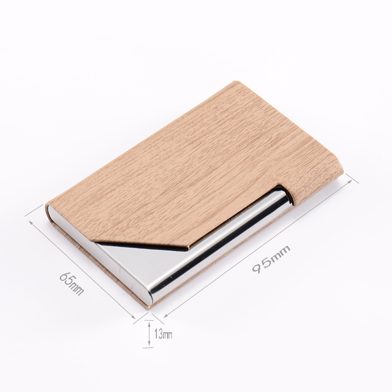 Caja de tarjeta de visita al por mayor de fábrica titular de tarjeta de visita caja de tarjeta de PU de grano de madera de acero inoxidable caso de tarjeta de visita logotipo imprimible