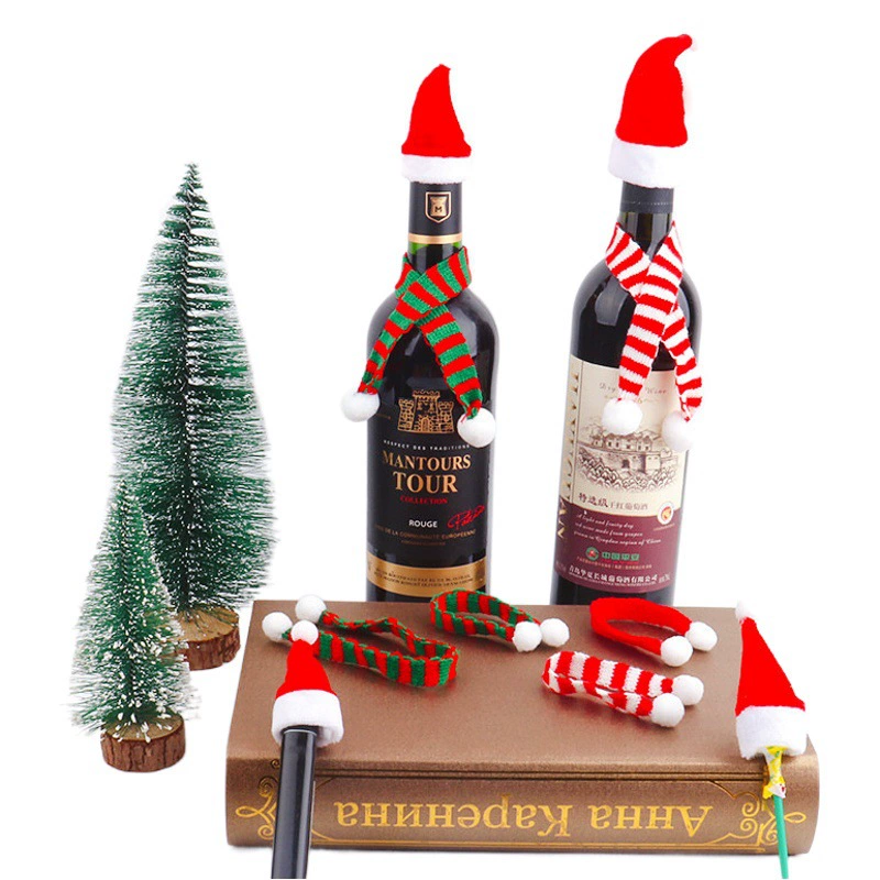 Миниатюрные рождественские шапочки, маленькие шарфы, вязаные рождественские шапочки, маленькие шапочки, колпачки для бутылок в виде ножа и вилки, маленькие рождественские украшения для шеи в виде шарфов