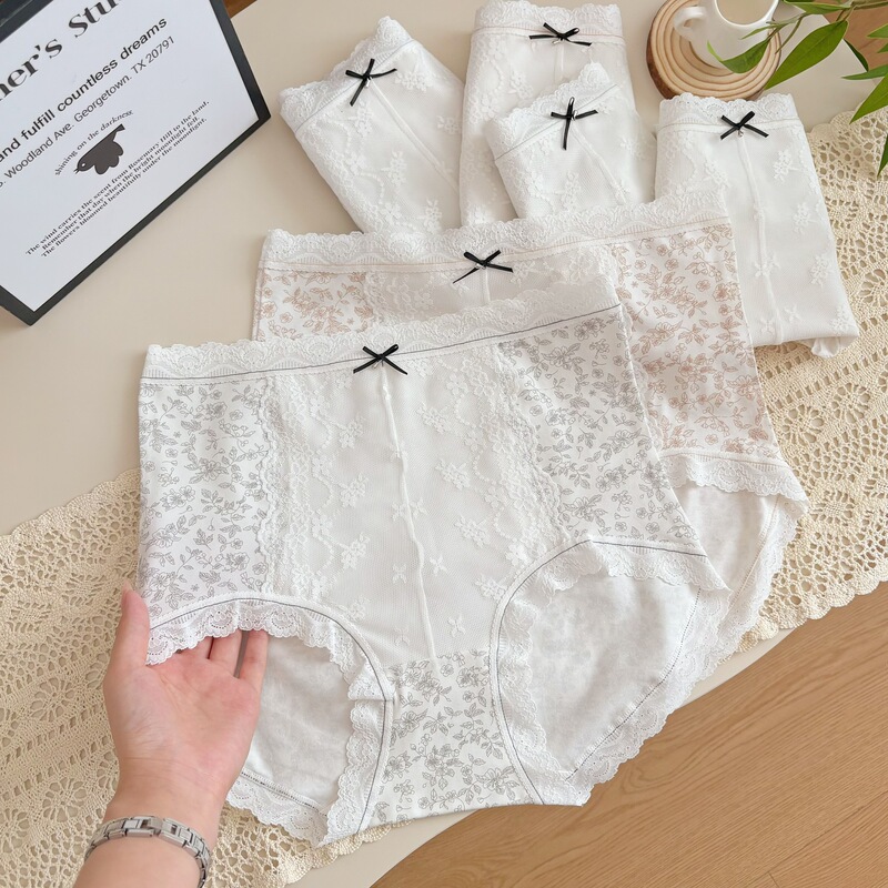 Lace Bow Women's Underwear High-Waisted Long-Staple Cotton 10A Antibacterial Silk Crotch Skin-Friendly Butt-Lifting Tummy Control Briefs