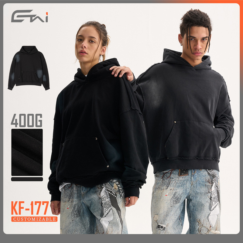 Etai Men's Clothing | Autumn and Winter New Short Wide Washed Distressed Sweatshirt Men's Trendy Brand Splicing Heavyweight Men's Hooded Sweatshirt