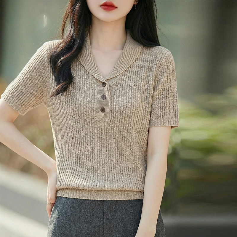 Summer 2026 New Style Button-Down Tencel Knit Design Short-Sleeve T-Shirt Slim Fit Versatile Top for Women