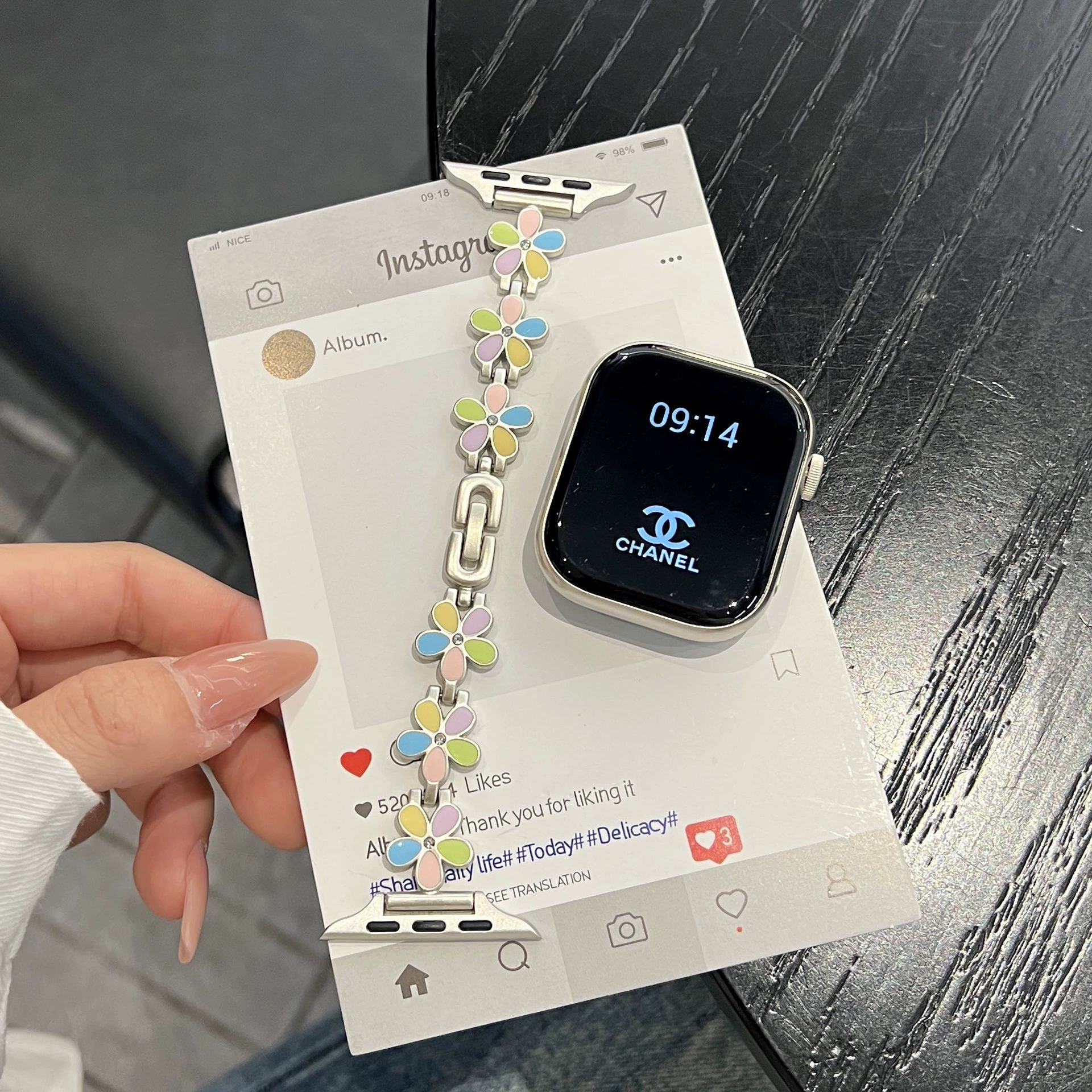 Подходит для Apple Watch 678910 поколений, пятицветный ремешок-цепочка с лепестками цветов, Huawei Fit4, Xiaomi 10, браслет на тонкую талию.