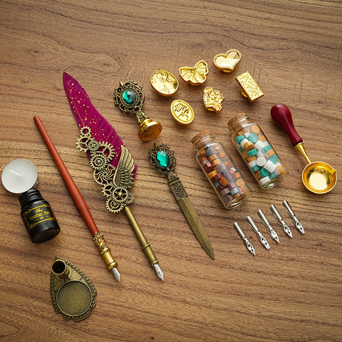 European-style British quill pen set dipped in water and fire paint seal feather pen gift box Children's Day gift pen for classmates