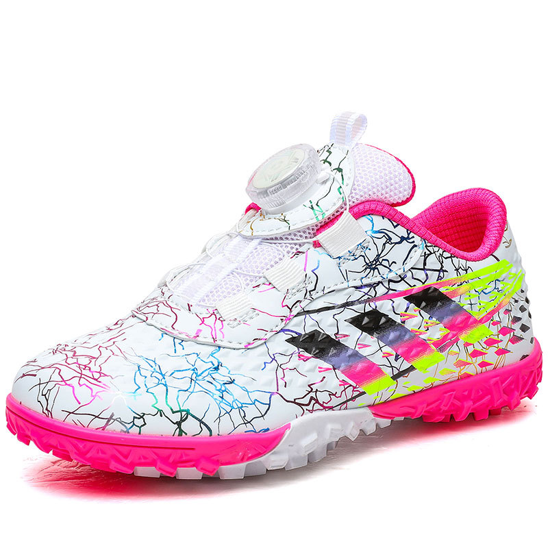 Nuevo botón giratorio sin lazos zapatos de fútbol niños y niñas TF clavos rotos zapatos de fútbol zapatos de entrenamiento