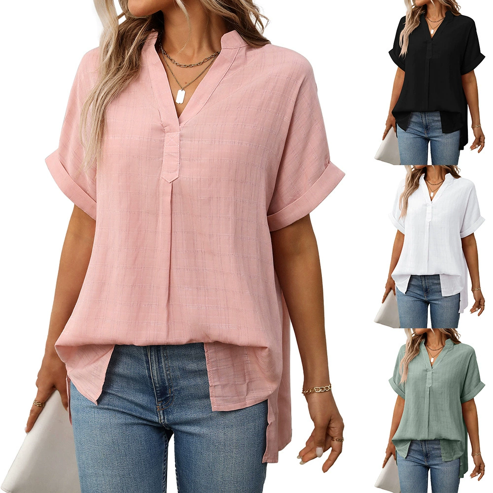 Трансграничная Европа и США 2025 лето новая женская Amazon V-образный вырез с короткими рукавами в полоску свободная клетчатая рубашка