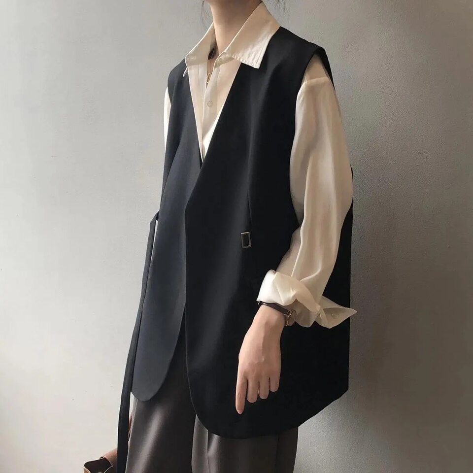 Áo vest nữ dáng rộng cỡ lớn phối lớp phong cách thanh lịch, dài áo 50–65 cm — Kích thước thẻ màu nâu nhỏ, Thẻ đen kích thước nhỏ chi tiết 4