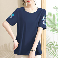 透气吸汗精品印花夏宽松短袖洋气T恤上衣打底胖妈妈大码中年女装