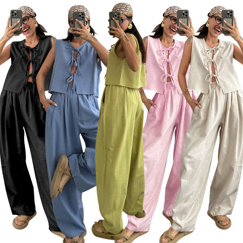 211499 Summer New Cross-Border European and American Pure Cotton Sleeveless Strappy Tops Women's Fashion Casual Loose Pants Suit