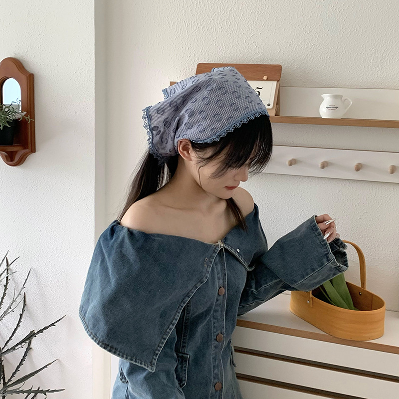 Bufanda triangular babero femenino retro turbante verano femenino encaje pastoral lunares estampado bufanda de seda bufanda de moda