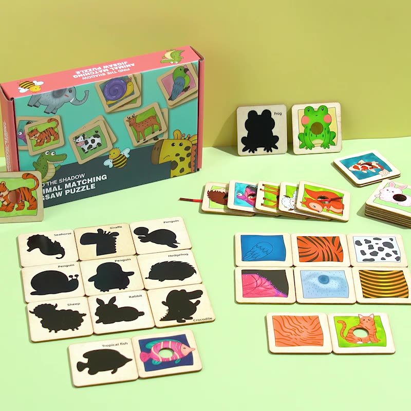 Weiwei Tiger Wood Play Juego de sombras de animales Juego de rompecabezas de combinación cognitiva de animales para bebés Juguetes de madera educativos