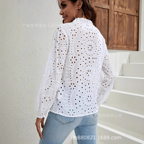 Amazon Women's Top eBay Western Cross-border International Trade Embroidered Button Shirt Fashion Long Sleeve Elegant