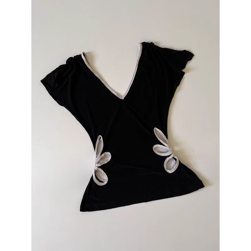 Amazon Cotton American Retro Slim V Neck Cut Out Flower Sleeveless T-Shirt Women's Niche Design Waist Top