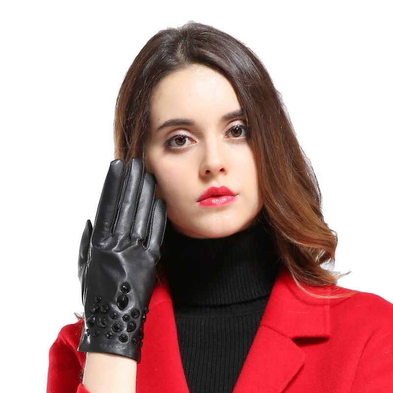 Demi-season keep warm gloves, classic elegant set, genuine leather, direct factory sales