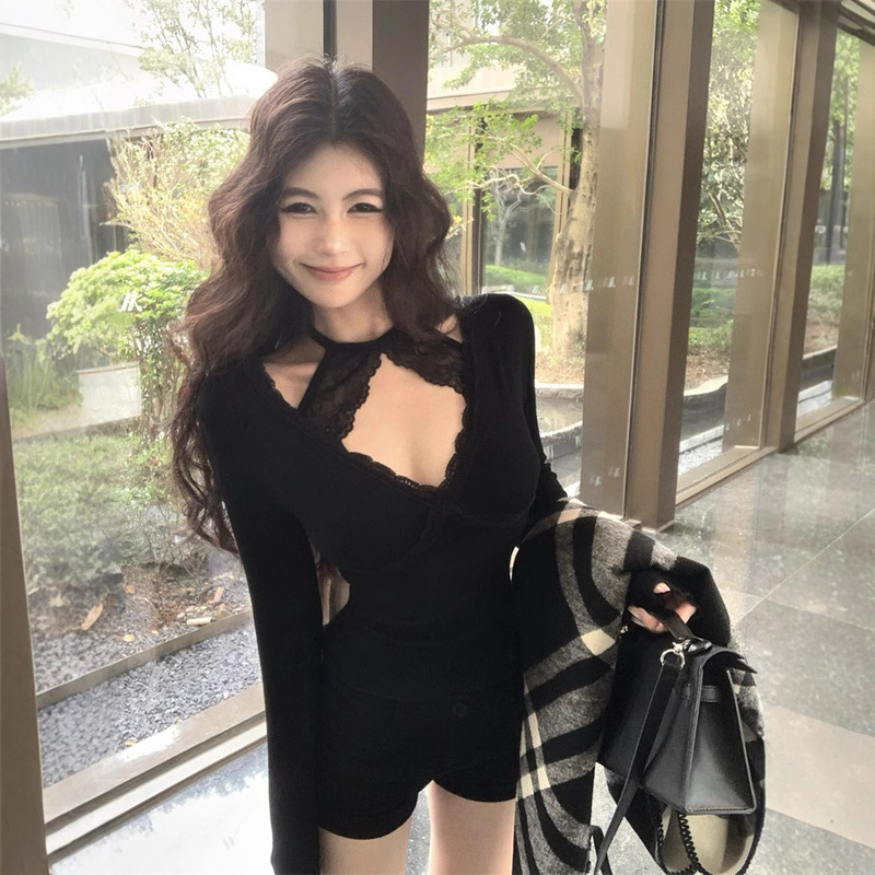 Lace Stitching V-Neck Long-Sleeved T-Shirt Women's Autumn Slim-Fit Tight Black Pure Short Base Top
