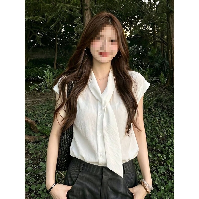 【Polyester-Cotton Crinkle】Trendy and fashionable white sleeveless shirt for women, spring and summer high-waisted slimming casual top 【Polyester-Cotton Crinkle】Trendy and fashionable white sleeveless shirt for women, spring and summer high-waisted slimming casual top