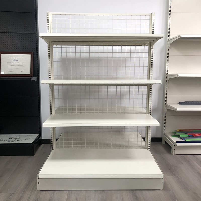 Estante de supermercado soporte de exhibición fábrica al por mayor estante de rejilla blanco de leche de una cara de doble cara de múltiples capas farmacia supermercado estante