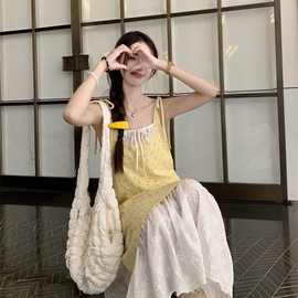 韩版公主风方领蕾丝连衣裙夏季收腰长裙