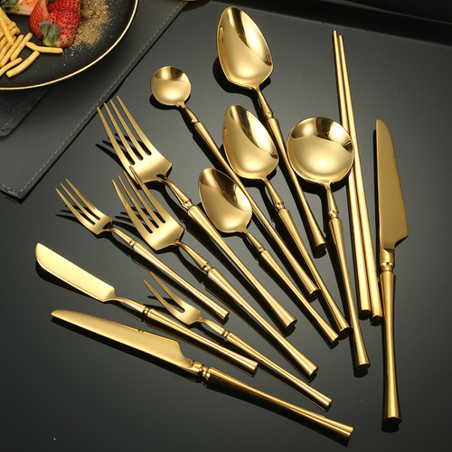Cross-border thick 304 small waist stainless steel tableware Western steak knife, fork and spoon set gold mirror hotel