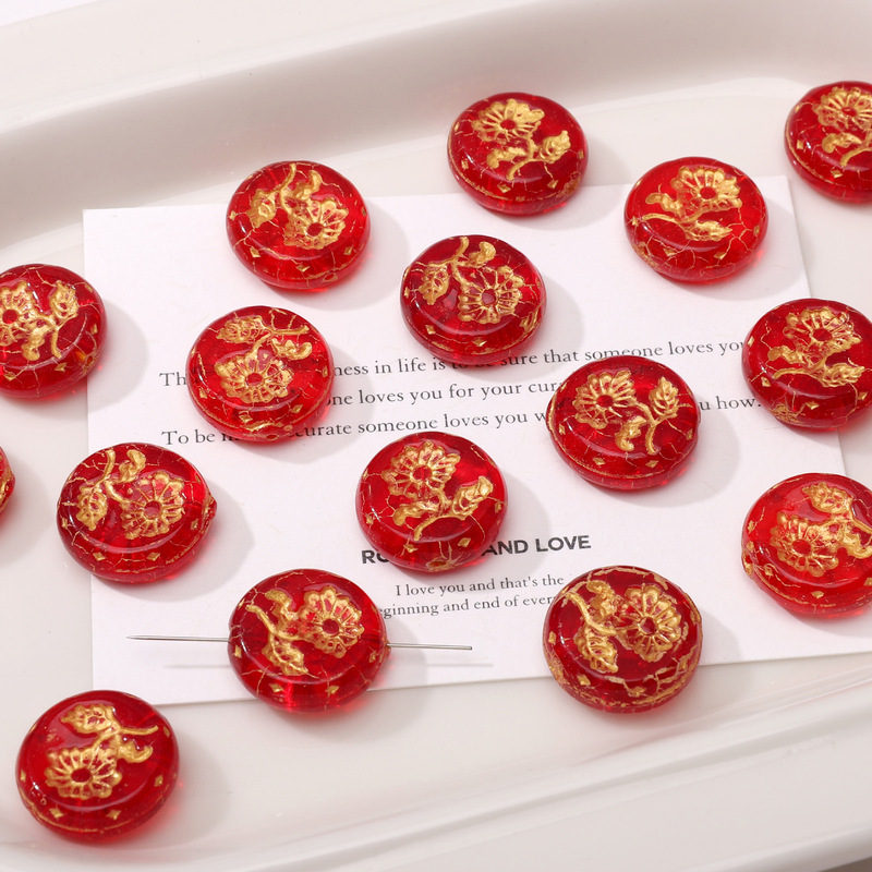 18mm红色描金捷克琉璃珠手工diy串珠手链钥匙扣饰品材料配件散珠|undefined