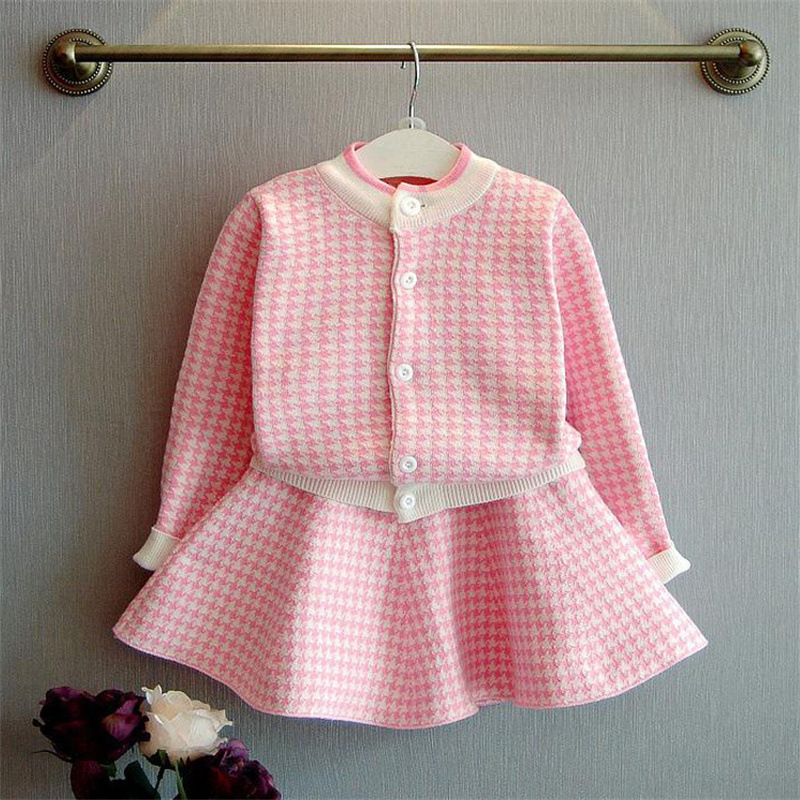 Dangdang tree autumn Korean style Plaid knitted suit children's houndstooth cardigan skirt two-piece Children's suit wholesale