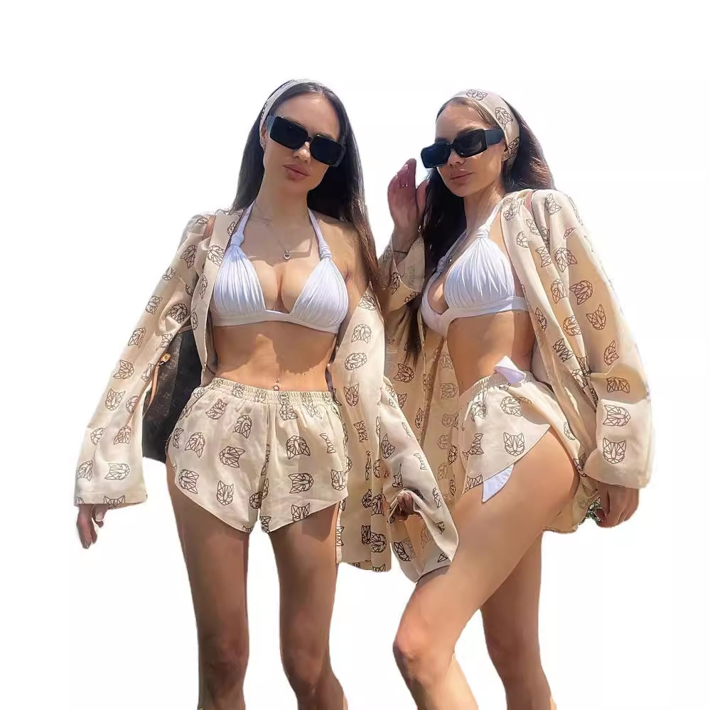 유럽과 미국의 국경 간 새로운 느슨한 긴팔 여성 인쇄 캐주얼 통근 레이스 업 파자마 높은 허리 반바지 세트