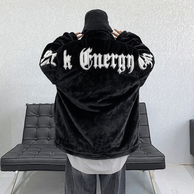 国潮刺绣加棉环保皮草仿兔毛夹棉棉服大码外套保暖宽松棉衣棉袄男