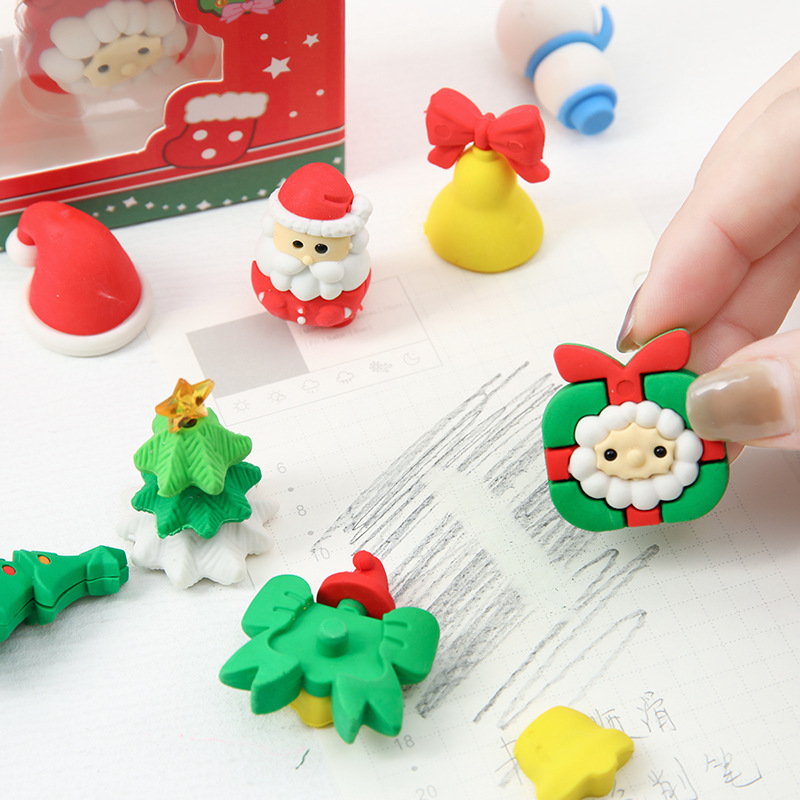 Caja de regalo de borrador de Navidad empalme borrador de lápiz de dibujos animados de escuela primaria regalo lindo Borrador de regalo de Navidad al por mayor