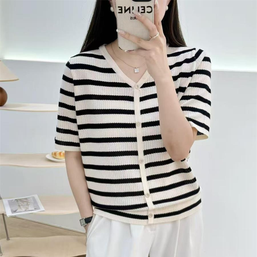 Summer Thin V-neck Short-sleeved Sweater Women's Button Fake Placket Loose Striped Navy Style Top