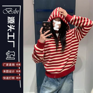 美式半拉链毛衣女春季款红色条纹连帽针织卫衣北欧风宽松撞色上衣